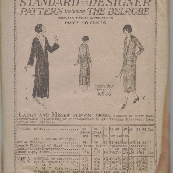 Standard-Designer 4067 Pattern including The Belrobe - Slip On Dress - 3 Versions - Size Bust 46, UNPRINTED AND COMPLETE.  1922