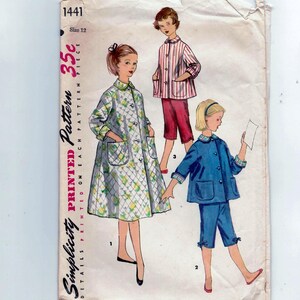 May include: Simplicity sewing pattern number 1441, size 12, 35 cents, printed pattern. The pattern shows three girls wearing different outfits. The first girl is wearing a long-sleeved dress with a floral pattern. The second girl is wearing a long-sleeved shirt with red and white stripes and red shorts. The third girl is wearing a blue jacket and blue shorts.