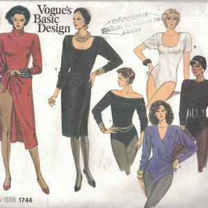 May include: Vogue's Basic Design sewing pattern featuring illustrations of various women's clothing styles. The designs include a red dress, a black dress, a white bodysuit, and other tops and bodysuits. The pattern number is 1744.