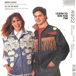 May include: McCall's sewing pattern featuring two people modeling denim jackets and vests. The pattern includes the text "Dress Blues" and "Learn to Sew for Fun". The jackets and vest are decorated with lace, fringe, and patches.