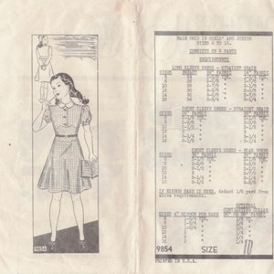 May include: A vintage sewing pattern for a girl's dress. The pattern includes instructions for a long-sleeved dress, a short-sleeved dress with a straight grain, and a short-sleeved dress with bias yokes. The pattern also includes instructions for a ribbon sash and a contrasting collar. The pattern is for sizes 6 to 16. The pattern number is 9854.