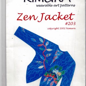 May include: A blue Zen Jacket sewing pattern with a floral design. The pattern is from Kimura wearable art patterns and is number #203. Copyright 2002 Kimura.