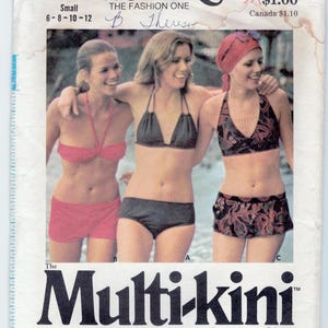 May include: A vintage sewing pattern for a multi-kini swimsuit. The pattern features three women wearing different styles of the swimsuit. The pattern number is 3120 and the price is $1.00. The pattern is from Butterick, The Fashion One.