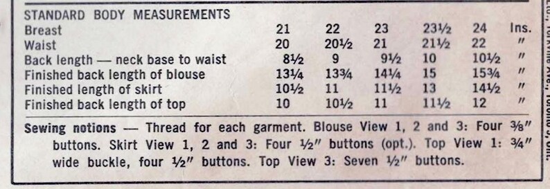 May include: A chart with standard body measurements for sewing patterns. The chart lists measurements for breast, waist, back length, finished back length of blouse, finished length of skirt, and finished back length of top. Measurements are listed in inches for sizes 21 to 24.