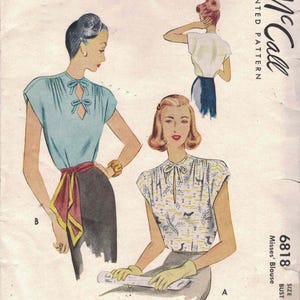 May include: Vintage McCall's printed pattern for a Misses' Blouse, style 6818. The illustration features three women modeling different blouse designs. The blouses are in various colors and patterns, with keyhole and bow details. The pattern is printed on aged paper.
