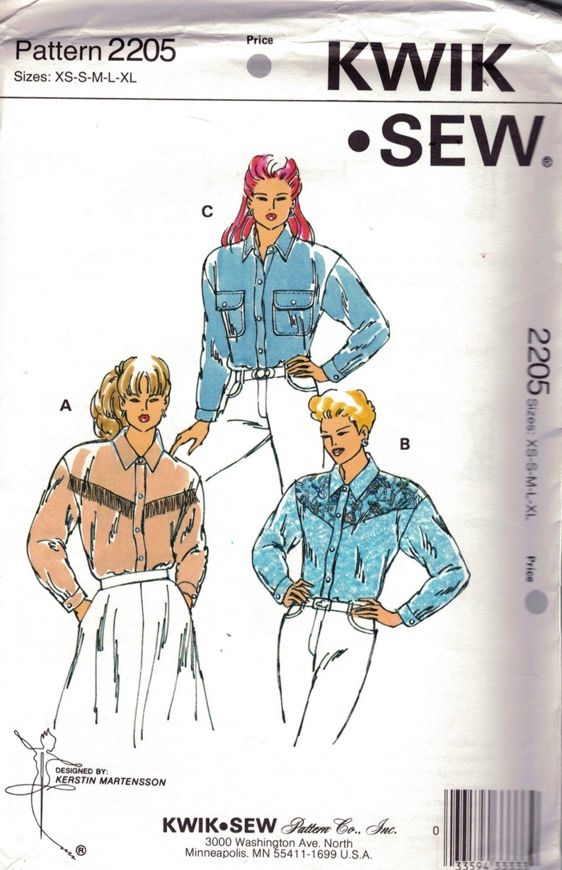 Misses/' Woven Fabric Western Style Shirts Factory Sealed and Folded XL 1992 Bust31.5-45.0 Sizes XS Kwik Sew 2205