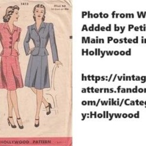 May include: Vintage sewing pattern for a skirt and jacket set. The pattern is from Hollywood Pattern Company and is number 1412. The pattern shows a woman wearing a red and white gingham skirt and a blue jacket. The pattern is for sizes 25.