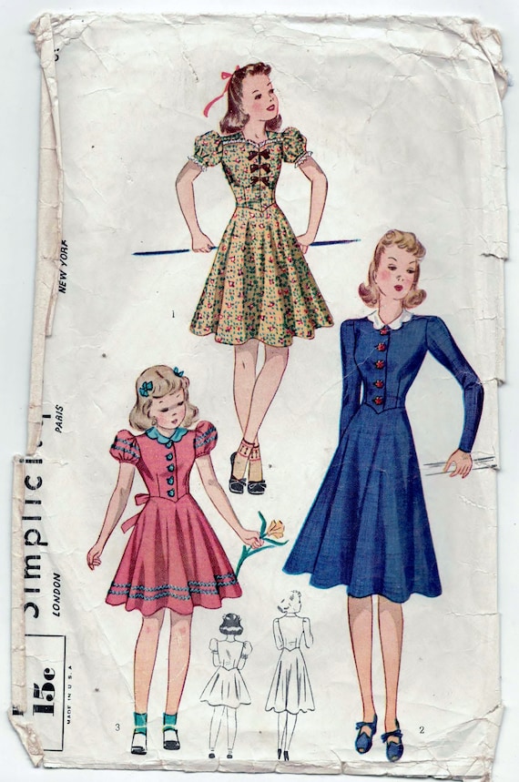 Simplicity 3134 - Girl's Size 16, Breast 34 - Party or Day Dresses (missing  Yoke for View 1) Unprinted/incomplete. 1939 - Etsy