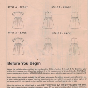 Patrones de vestidos infantiles de Three Woman's Day/McCall Pattern Co., tallas 2 a 6, con opciones de vestido, bolsillo, cuello y mangas.