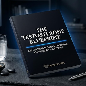 Puede incluir: Un libro titulado "The Testosterone Blueprint" con texto blanco sobre una cubierta negra. El libro incluye el subtítulo "A Man's Complete Guide to Reclaiming His Energy, Drive, and Power". También se ven un vaso de agua, un cuenco con pastillas y un bolígrafo.