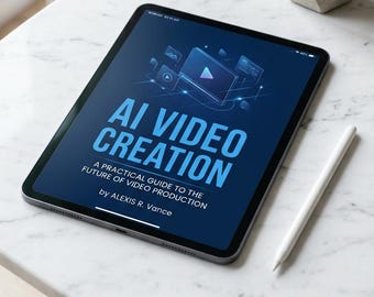 Peut inclure: Une tablette affiche le titre "AI VIDEO CREATION" en bleu. Elle est posée sur une surface en marbre blanc, avec un stylet blanc et une petite plante succulente dans un pot en béton. Le texte en dessous du titre indique "A PRACTICAL GUIDE TO THE FUTURE OF VIDEO PRODUCTION by ALEXIS R. Vance."