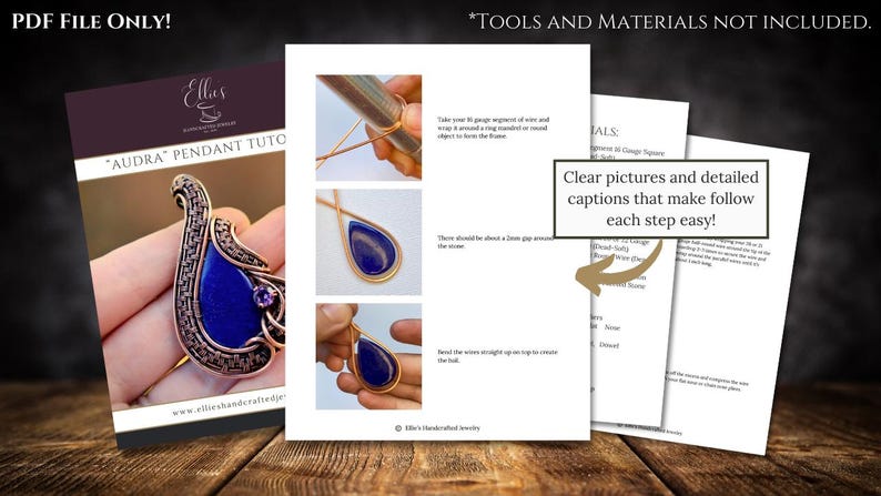 May include: A digital download of a wire wrapped pendant tutorial. The tutorial includes clear pictures and detailed captions to help you follow each step. The tutorial is titled "Audra Pendant Tutorial".