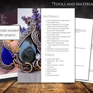 May include: A close-up of a wire wrapped pendant with a teardrop-shaped stone. The pendant is made with copper wire and features a blue stone. The image includes a list of materials and tools needed to create the pendant.