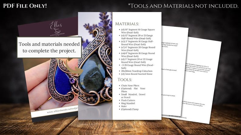 May include: A close-up of a wire wrapped pendant with a teardrop-shaped stone. The pendant is made with copper wire and features a blue stone. The image includes a list of materials and tools needed to create the pendant.