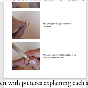 May include: Two steps in making a wire loop. The first step shows a hand holding a copper wire that has been twisted into a small spiral. The second step shows a hand holding a dowel rod and wrapping the wire around it to create a loop.