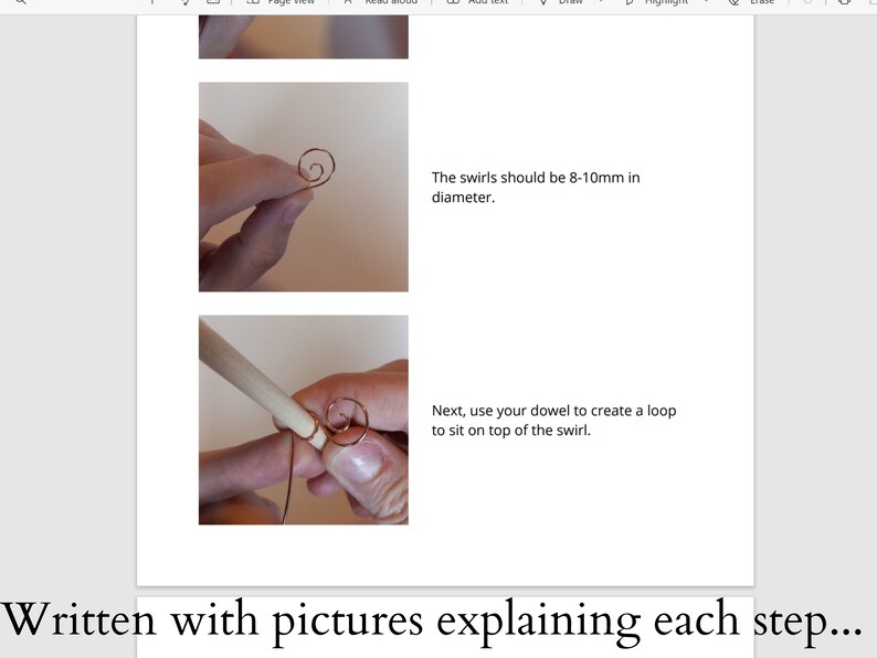May include: Two steps in making a wire loop. The first step shows a hand holding a copper wire that has been twisted into a small spiral. The second step shows a hand holding a dowel rod and wrapping the wire around it to create a loop.