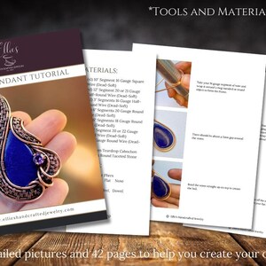 May include: A detailed tutorial for creating a copper wire wrapped pendant with a lapis lazuli stone. The tutorial includes over 110 pictures and 42 pages of instructions. "AUDRA PENDANT TUTORIAL" is written on the cover.