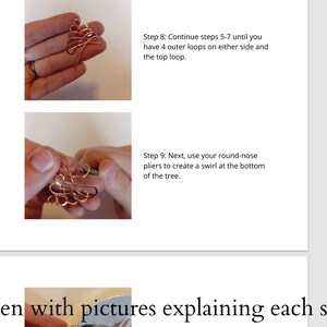 May include: Step-by-step instructions with images showing how to make a wire tree. The image shows a hand holding a copper wire tree with round-nose pliers.