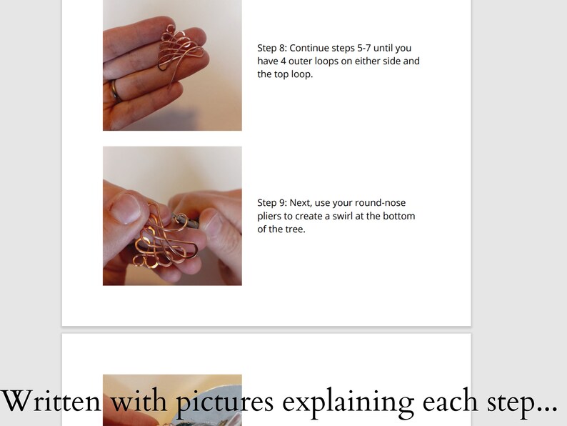 May include: Step-by-step instructions with images showing how to make a wire tree. The image shows a hand holding a copper wire tree with round-nose pliers.