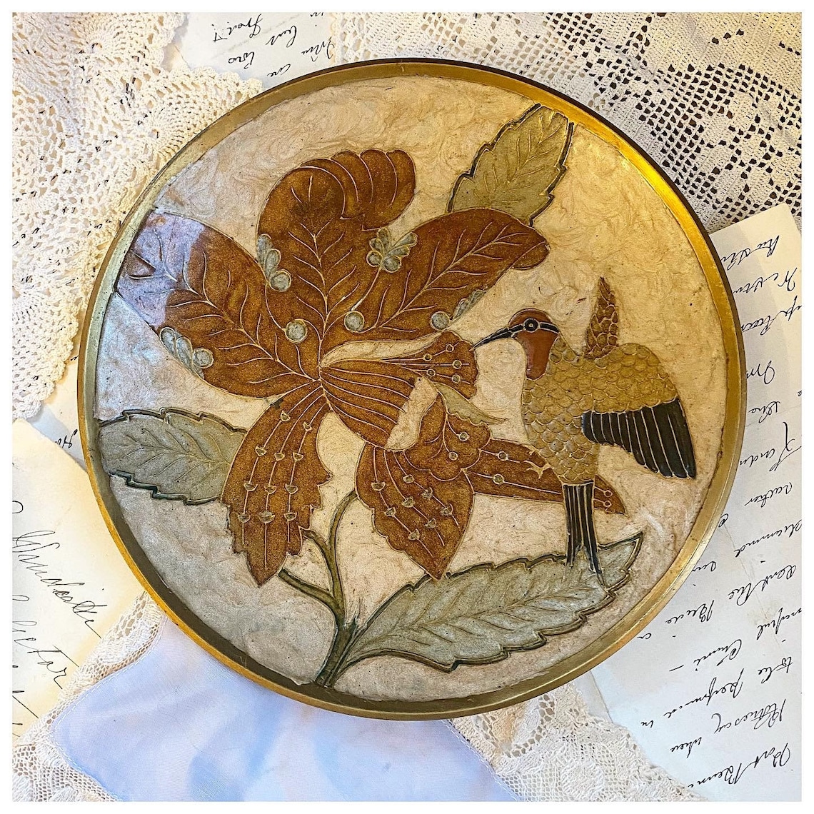 A vintage hummingbird brass decorative plate Etsy