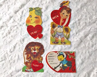 Vintage Valentine Set of 4, Antique Ephemera, Valentine Card Pack, Animal Lover, Monkey, Lion, Gift for Valentines Day