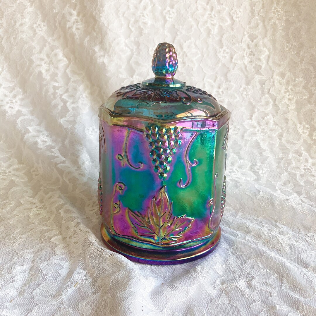 Covered Cookie Jar, Indiana Carnival Glass, Lidded Canister, Iridescent