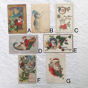 May include: A collection of vintage Christmas postcards featuring Santa Claus in various scenes. The postcards are in various colors and styles, including a Santa in a sleigh, a Santa with a bell, and a Santa with a bag of gifts. The postcards are all in good condition and would make a great addition to any Christmas collection.