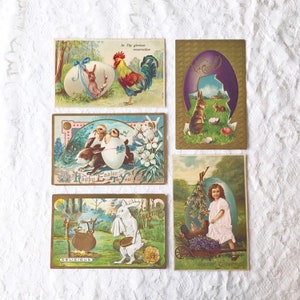 Vintage Easter Postcards, Set of 5, Antique Ephemera Pack, Easter Eggs, Chicks and Bunnies, Pen Pal Supplies