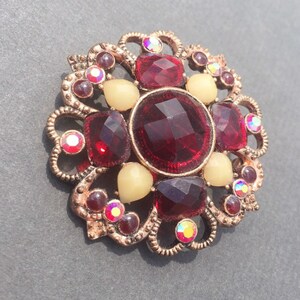 Mid Century Gothic Brooch with Ruby Red Rhinestones on Gold Tone, Victorian Inspired Vintage Jewelry, 1960’s 2”