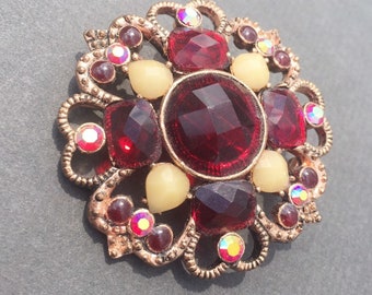 Mid Century Gothic Brooch with Ruby Red Rhinestones on Gold Tone, Victorian Inspired Vintage Jewelry, 1960’s 2”