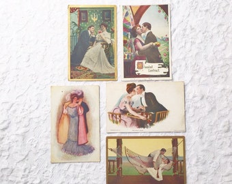 Vintage Valentine Postcards, Set of 5, Antique Ephemera, Couples in Love,  Gift for Valentines Day, Romantic Card