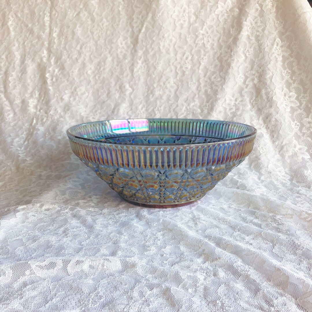 Windsor Bowl, Indiana Carnival Glass, Button and Cane, Iridescent Blue