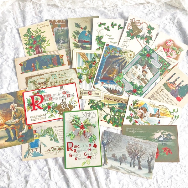 Vintage Christmas Postcards, Set of 20, Antique Postcards, Vintage Ephemera Pack, Merry Christmas, Holiday Card, Scrapbook Supplies, Pen Pal