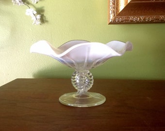Antique Opalescent White Glass Compote, Wide Ruffle Shape Northwoods, Open Circle Base, Vintage 1900, Art Nouveau Era Home Decor, 4” Tall