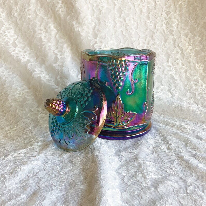 Covered Cookie Jar, Indiana Carnival Glass, Lidded Canister, Iridescent