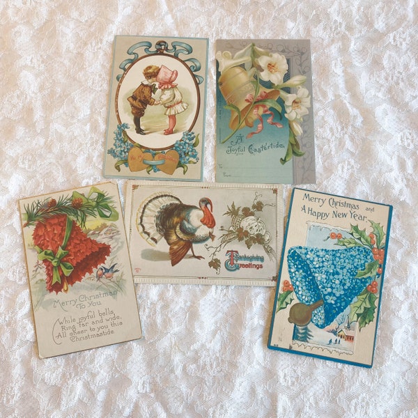 Vintage Holiday Postcards, Antique Postcards, Set of 5, Variety Pack, Valentines Day, Easter, Thanksgiving, Christmas, New Year