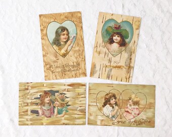Vintage Valentine Postcards, Set of 4, Antique Ephemera, Victorian Children, Scrapbook Ideas, Gift for Valentines Day
