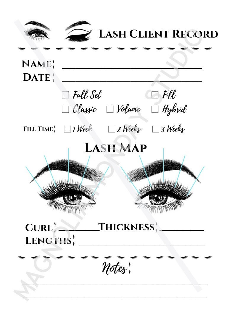 Lash Extensions Client Record Consultation Card Printable - PDF.