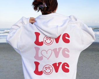 Sudadera Love, Sudadera con capucha Love Trendy, Sudadera con cuello redondo y carita sonriente, Sudadera de San Valentín, Ropa estética