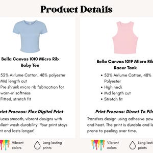 May include: Product details image featuring a light blue baby tee and a pink racer tank. The baby tee is Bella Canvas 1010 Micro Rib, made of cotton and polyester. The racer tank is Bella Canvas 1019 Micro Rib, also made of cotton and polyester.