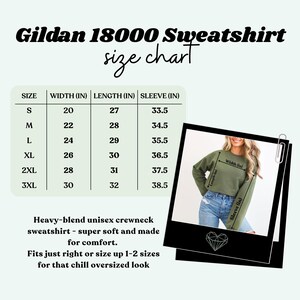 May include: Size chart for a Gildan 18000 sweatshirt. The chart lists sizes S to 3XL with measurements in inches for width, length, and sleeve. An image shows a woman wearing a green sweatshirt. The text says the sweatshirt is super soft and made for comfort.
