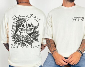 Camisas a juego para parejas de recién casados, camisa de boda personalizada con esqueleto y fecha