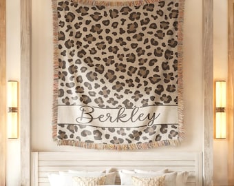 Personalized Leopard Print Woven Fringe Blanket, Custom Girl Name Cheetah Throw, Cute Room Decor Tapestry