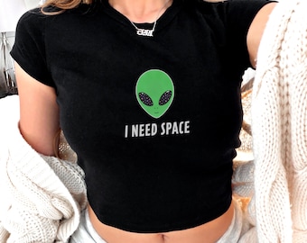 Y2k Alien Baby Tee Crop Tank, Funny Introvert Clothes "I Need Space" Galaxy Shirt, Alien Lover Gift, 90s Trendy Fashion