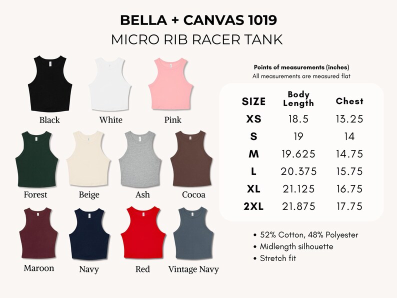 May include: A display of Bella + Canvas 1019 Micro Rib Racer Tanks in various colors, including black, white, pink, forest green, beige, ash, cocoa, maroon, navy, red, and vintage navy. The image includes a size chart with measurements in inches.