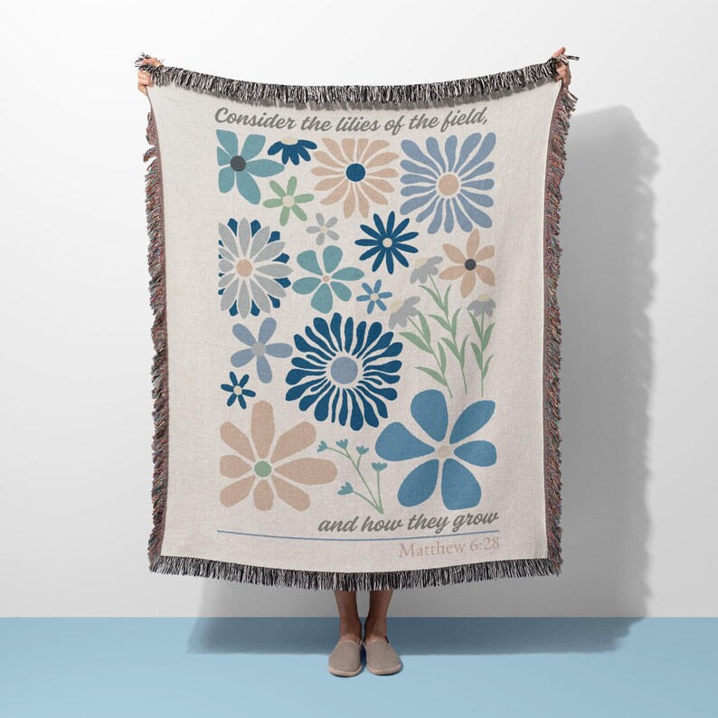 Consider The Lilies Floral Woven Blanket | Modern Faith Scripture Tapestry, Christian Home Decor Cute Apartment Gift image 11