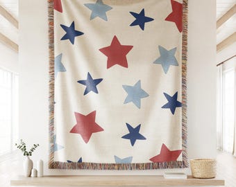 Patriotic Star Blanket, Americana Farmhouse Throw, Rustic America Cottagecore Decor