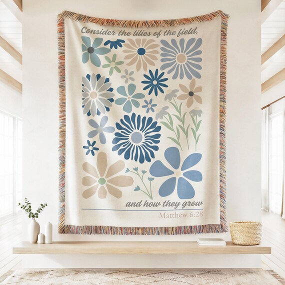 Consider The Lilies Floral Woven Blanket | Modern Faith Scripture Tapestry, Christian Home Decor Cute Apartment Gift