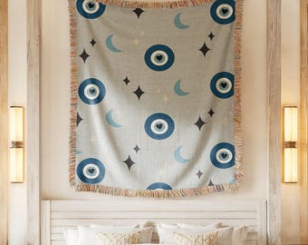 Evil Eye Woven Cotton Blanket: Boho Throw with Colorful Fringe