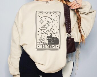 The Moon Tarot Card Sweatshirt, Gothic Cat Crewneck